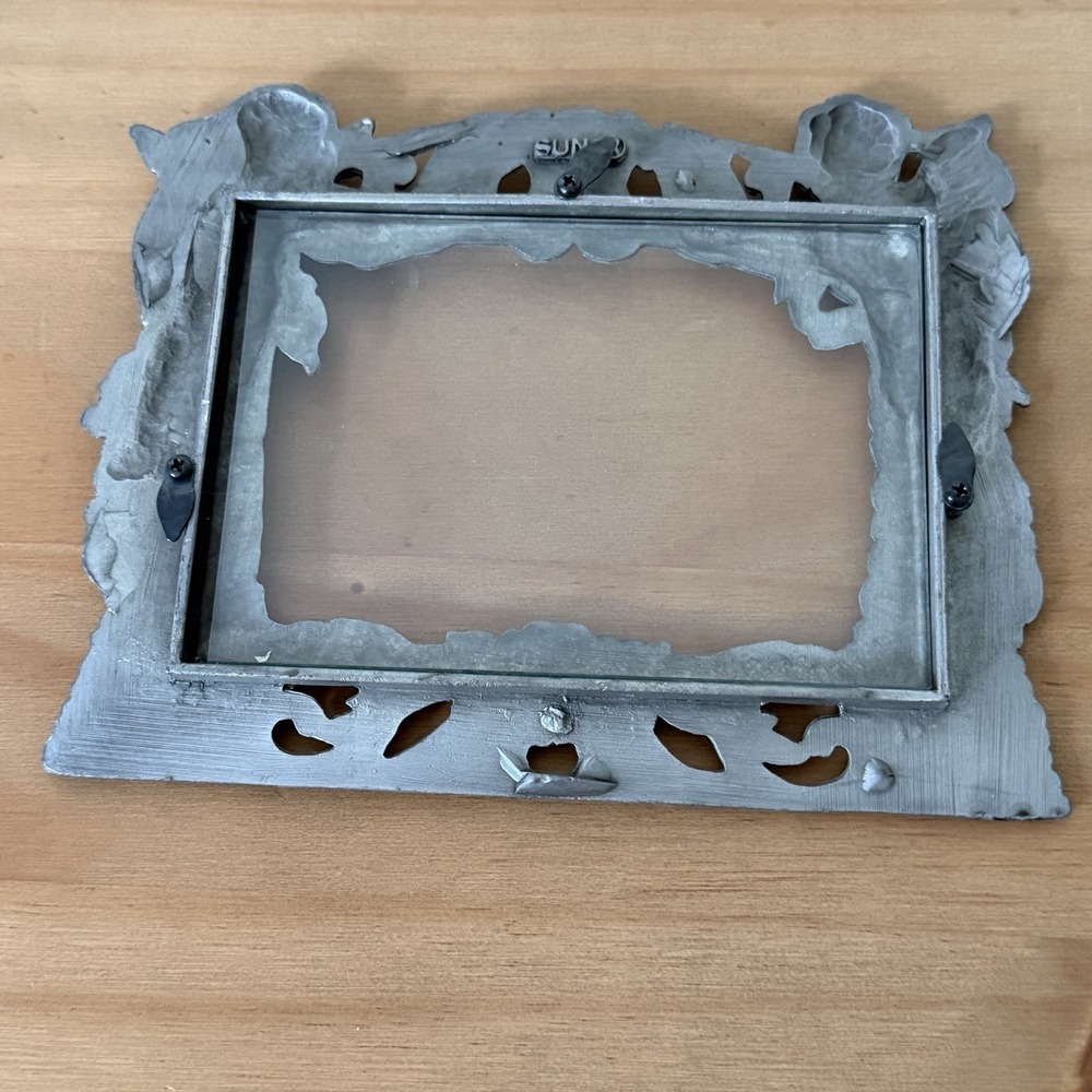Vtg Cherub Picture Frame Pewter Angel Floral 90s Silver Metal Gift Valentine - Picture 12 of 12